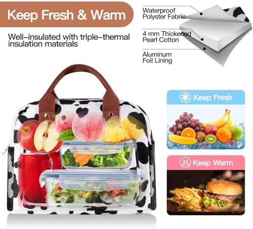 Lunch Bag for Women, Insulated Lunch Box for Women Men Work Adult, Cute Lunch Tote Large Capacity Reusable Cooler Containers for Picnic Travel Office or Beach (Cow)
