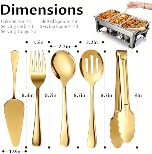 11PCS Stainless Steel Gold Serving Utensils, 8.7''Serving Spoons,8.7''Slotted Spoons, Serving Fork, 9'' Serving Tongs,Cake Server,Hostess Serving Set for Chafing Dish Buffet Catering Parties