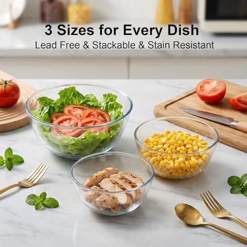 Borosilicate Glass Mixing Bowls Set of 3 (2.8, 2.2, 1.1QT) - Heavy Duty, Scratch Resistant, Non-Toxic & Lead-Free – Oven/Microwave/Dishwasher/Freezer Safe – Ideal for Meal Prep, Baking & Serving