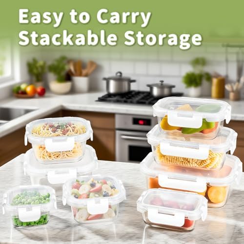 8 Pack Glass Food Storage Containers with Snap Locking Lids for Meal Prep