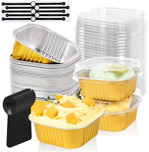 100 Pcs Mini Cake Pans with Lids and Spoons, 5oz Square Aluminum Foil Brownie Baking Cups, Small Cake Tins with Lids, Disposable Ramekins, Mini Cake Containers For Wedding Birthday Party (Gold)
