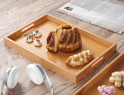 Fibogollo Bamboo Set of 2 Serving Tray with Handles,Decorative Trays Platter,Breakfast Tray in Bed,Food Drinks Tray for Eating,Working,Storing(Natural)