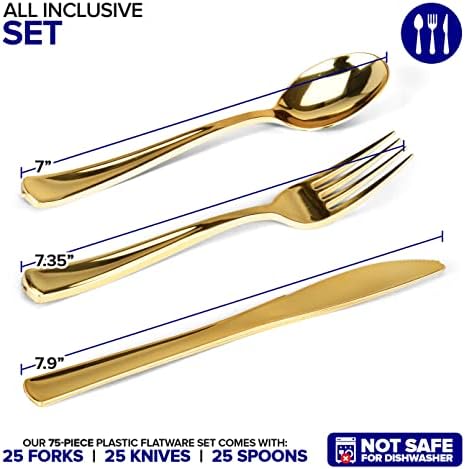 75 Pieces Heavy Duty (Gold) Plastic Silverware Set, Disposable Cutlery Set, Great for Parties, Weddings, and Catering, Flatware Utensils Included: 25 Forks, 25 Spoons, 25 Knives, Stock Your Home