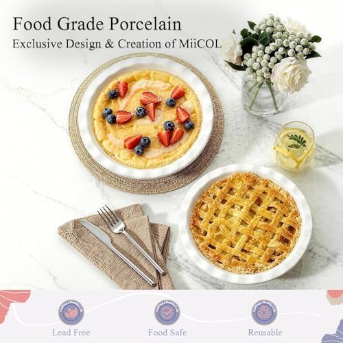 Miicol Ceramic Pie Pan Set of 2, 50 oz Ripple Edge Deep Baking Dish, 9 Inch Round Ceramic Pie Plate, Suitable for Quiche, Apple Pie, Meat Pie, Ideal Gift for Baking Lovers,White
