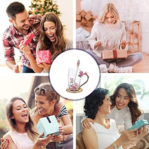 SUQ I OME Enamel Rose and Butterfly Flower Glass Tea Cup Glass Birthday Gifts For Women Mother Teacher Classmate Sister Wife with Spoon Beautiful Rose Flower Butterfly Christmas Valentines Wedding Day