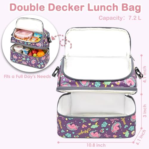 FlowFly Double Decker Cooler Insulated Lunch Bag Large Tote for Boys, Girls, Men, Women, With Adjustable Strap (Purple-Unicorn)