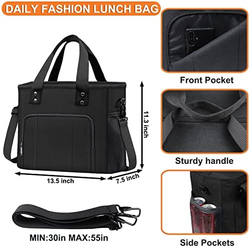 Hsmienk Large Lunch Bag Women, Leakproof Insulated Reusable Water Resistant Lunch Box with Adjustable Shoulder, Adults Lunchbox for Work, Black