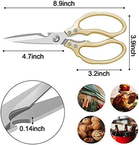 CGBE Kitchen Scissors All Purpose Heavy Duty, Ultra Sharp Stainless Steel Kitchen Shears Dishwasher Safe, Cooking Shears for Chicken, Poultry, Fish, Meat, Herbs & Grapes with Non-Slip Grips - Gold