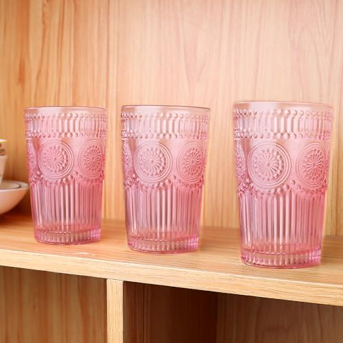 Loivttvv 6pcs Vintage Drinking Glasses Set, 12 oz Pink Highball Glasses, Embossed Ribbed Glassware Cups for Cocktail, Water, Juice, Coffee, Whiskey