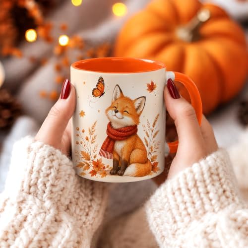 Hyturtle Fall Fox Coffee Mug And Keychain - Cute Fox Gift For Women - Autumn Animals For Lovers - Maple Leaf Animals Present For Her - Thanksgiving Decor - Coffee Cup Ceramic Mug 11 Oz