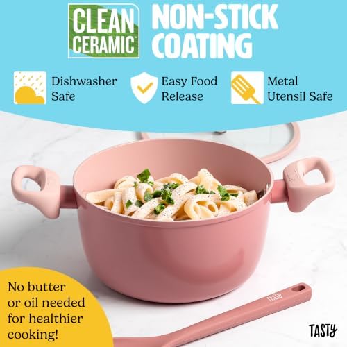 Tasty Ceramic Stock Pot with Glass Lid, Silicone Spoon, Healthy Nonstick Dutch Oven, Soup Pot, Casserole, Made without PFAS, PFOA, PFOS and PTFE, Dishwasher Safe, 5-Quart, 3-Piece Set, Pink