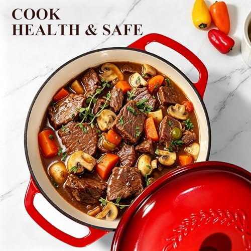 Enameled Cast Iron Dutch Oven - Wildone 6QT Pot with Lid & Cotton Potholders - Oven Safe Enamel Cookware for Bread Baking, Braising, Stews, Roasting, Red