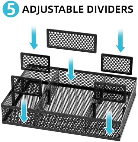 Marbrasse 2 Pack Desk Drawer Organizer, Mesh Drawer Organizer Tray with 8 Adjustable Compartments, Desk Organizers and Accessories, 5 Dividers Drawer for Office Supplies, Makeup & Vanity (Black)