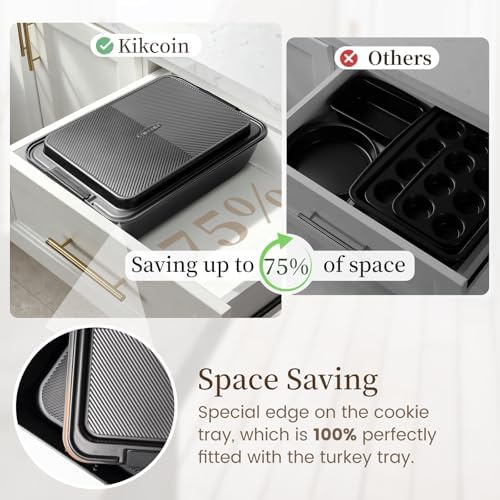 Kikcoin 25-Piece Nonstick Baking Pans Set with Large Turkey Roasting Pan, Stackable Ceramic Bakeware Set, 450°F Oven Safe Baking Sheet Set with Silicone Handles, Cookie Sheets for Baking, Black