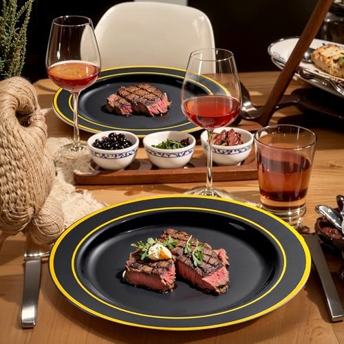 bUCLA 100 Pieces Black and Gold Plastic Dinner Plates - 10.25 inch Black Disposable Plates with Gold Rim - Ideal for Party, Graduation & New Year