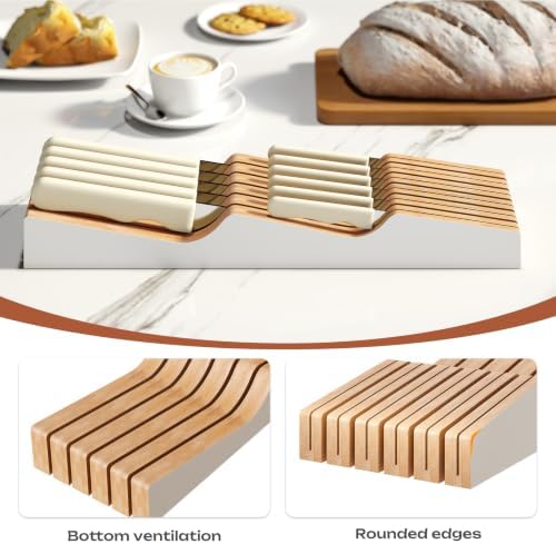 In-Drawer Knife Block Organizer - Bamboo Wood Drawer Knife Organizer-Protecting Knife Organizer Block (Not Included) (White, 11 Knives Dock)