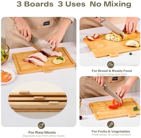 Bamboo Cutting Boards for Kitchen, Wooden Set of 3 with Holder