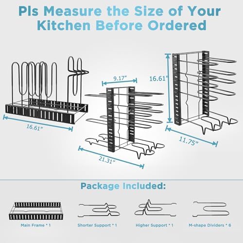 ORDORA Pots and Pans Organizer Under Cabinet 16.6", 8-Tier Adjustable Rack