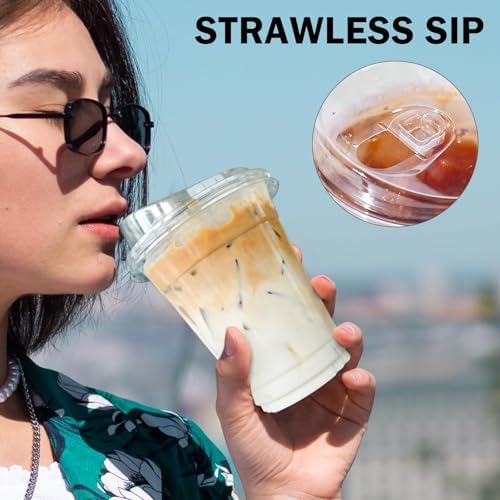 BYSNOW 16 oz 500 Pack Clear Plastic Cups with Sip Lids, Iced Coffee Cups
