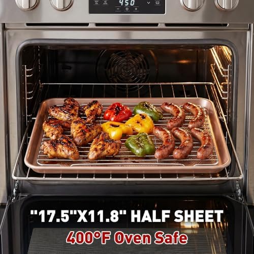 2 Pack Baking Sheets with 2 Wire Racks & 50 Pre-Cut Parchment Papers | Heavy Duty Nonstick Cookie Pans (17.5"x11.8") | Warp-Resistant Oven Roasting Set for Meal Prep & Holiday Gifts