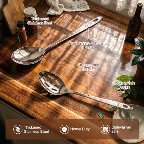 Kirecoo 2PCS Stainless Steel Serving Spoons Set, Solid & Slotted