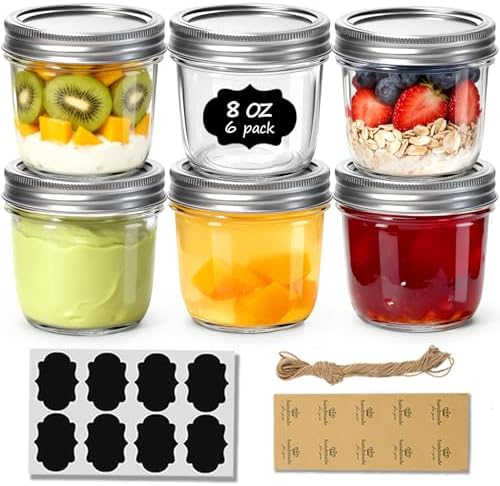 ComSaf 8 oz Wide Mouth Mason Jars, 6 Pack Small Half Pint Jars with Lids