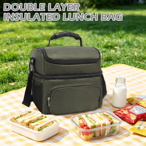 FlowFly Double Layer Cooler Insulated Lunch Bag Adult Lunch Box Large Tote Bag for Men, Women, With Adjustable Strap,Front Pocket and Dual Large Mesh Side Pockets
