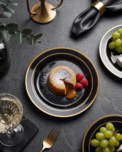 bUCLA 100PCS Black and Gold Plastic Plates - 6.25 inch Black Gold Premium Hard Disposable Dessert/Salad/Appetizer/Small Cake Plates for Party, Graduation & New year