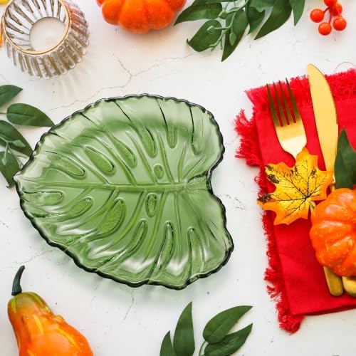 Joeyan Monstera Leaf Glass Serving Trays, Green Glass Plate with Embossed Vein Texture & Serrated Edge, Decorative Dish for Fruit, Candy, Jewelry, Snacks, Salads, Desserts, Dishwasher Safe