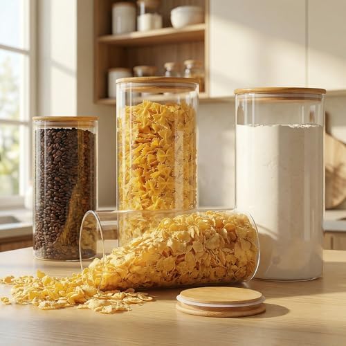 Large Glass Storage Containers with Bamboo Lids for Flour & Sugar, 4 Pack