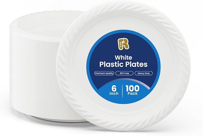R-kay 100 Pack 6 Inch White Plastic Plates Disposable - Heavy Duty White Disposable Plates - Microwavable Disposable Plastic Plates (6 Inch, 100, Count)