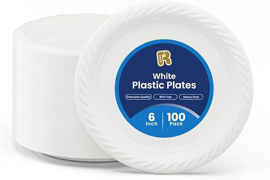 R-kay 100 Pack 6 Inch White Plastic Plates Disposable - Heavy Duty White Disposable Plates - Microwavable Disposable Plastic Plates (6 Inch, 100, Count)