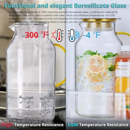 Bivvclaz 1 Gallon Gold Glass Pitcher with Lid and Handle, Water Pitcher for Fridge, Glass Carafe for Hot/Cold Water, Large Iced Tea Jug for Coffee, Juice and Homemade Beverage