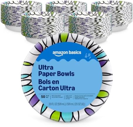 Amazon Basics Ultra Paper Bowls, 20 Oz, Disposable, 300 Count, White (6 packs of 50), Packaging May Vary