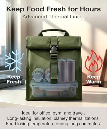ZM-YOUTOO Insulated Foldable Lunch Bag- Lightweight Portable with Adjustable Shoulder Strap Lunch Box for Men, Women, Office, Work, Picnic, Hiking and Beach (Green(Soft Fabric))