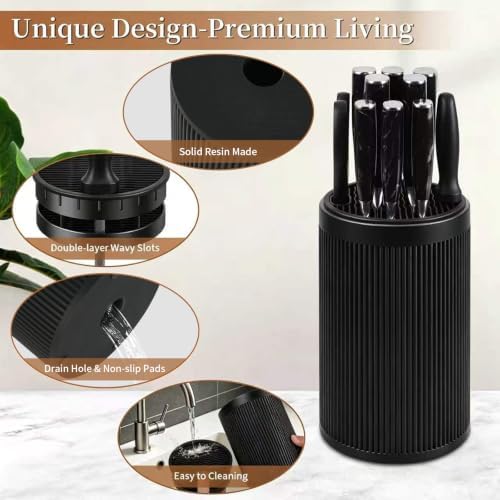 Universal Knife Block Without Knives,Round Knife Holder with Slots for Scissors & Sharpening Rod,Modern Sandstone Look Knife Organizer,Safe Space Saver Knife Storage Stand for Kitchen - Matte Black