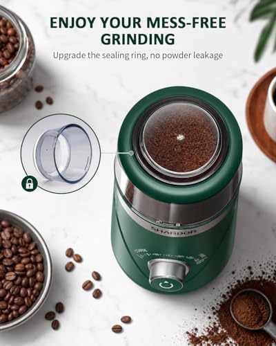 SHARDOR Electric Super Silent Blade Coffee Grinder, Timed Grind Control Rotary Knob, Adjustable Coarse to Fine for Coffee Beans, Spices & Herbs, with 2 Removable Stainless Steel Bowl, Green