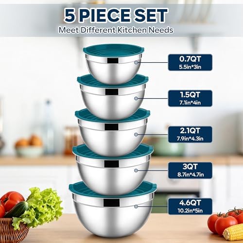 E-far Mixing Bowls with Lids Set, Stainless Steel Cooking Salad Bowls, Blue