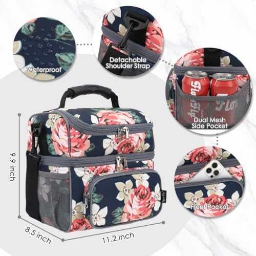 FlowFly Double Layer Cooler Insulated Lunch Bag Adult Lunch Box Large Tote Bag for Men, Women, With Adjustable Strap,Front Pocket and Dual Large Mesh Side Pockets