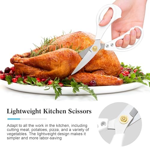 All Purpose Kitchen Scissors, Kitchen Shears Heavy Duty - Dishwasher Safe Food Scissors- Multipurpose Cooking Shears for Meat Poultry Food, Herbs, and Fish, Comfort Grip Handles, White