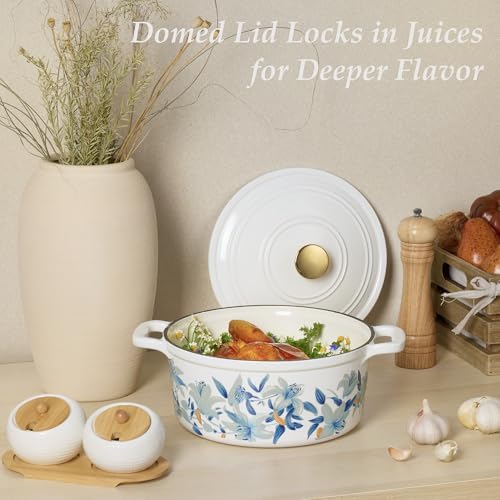 CAROTE 5QT Enameled Floral Cast Iron Dutch Oven Pot with Lid