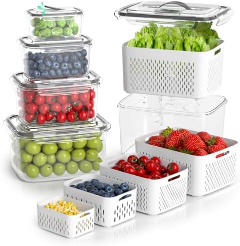 BOICHU Fruit Storage Containers for Fridge with Colander, Vent, Handle Lids