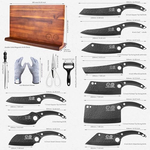 XYJ Knife Block Set, 10 Pieces Kitchen Knives with Magnetic Knife Block