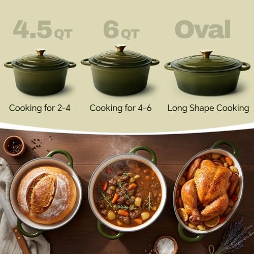 Vintage Style Oval Dutch Oven for Bread Baking, 4.5 Quart Non Stick Enameled Cast Iron Dutch Oven Pot with Lid, Oven Safe Oval Casserole with Lid up to 500°F for Baking, Braising, Stews, Roasting, Golden Green