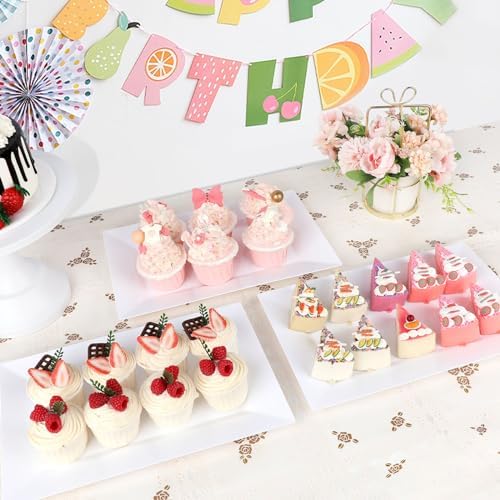 Mwellewm 12 Pcs White Plastic Serving Trays, 14''x9'' Rectangle Dessert Trays for Dessert Table, Party Food Display Set Disposable Platters Cookie Cupcake Gold Serving Tray for Birthday Party Wedding