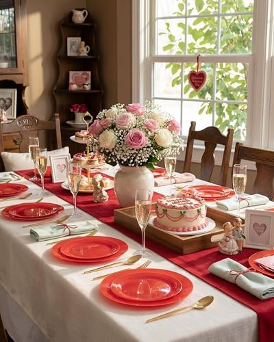 PULOTE 100PCS Red Plastic Plates Disposable Heavy Duty - Include 50 Dinner / 50 Dessert Plates for Party & Christmas