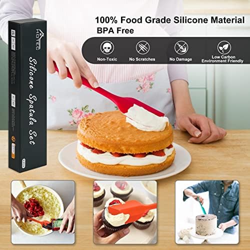HOTEC BPA Free Heat Resistant Silicone Spatula Set Kitchen Utensils for Baking Cooking Mixing Non Stick Cookware Food Grade Dishwasher Safe (Multi-Color) Set of 9