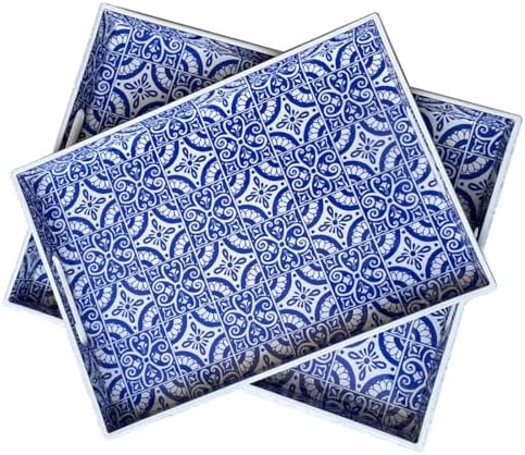 2 Pack Serving Tray with Handles, Rectangular Decorative Trays for Coffee Table, Modern Blue Plastic Ottoman Tray for Living Room, Bathroom, Kitchen, Decor, (Boho Blue)