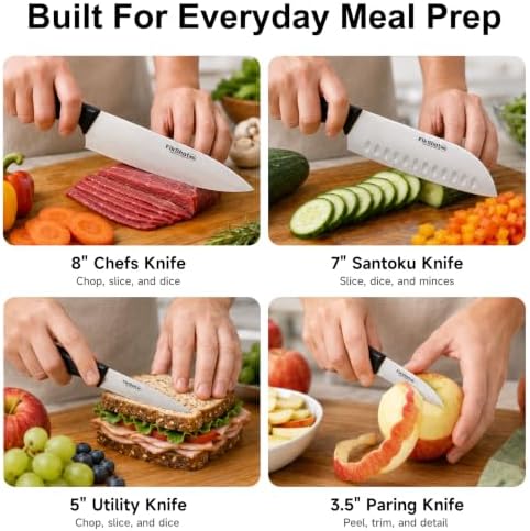 FikShot 15-Piece Kitchen Knife Set with Block & Built-In Sharpener