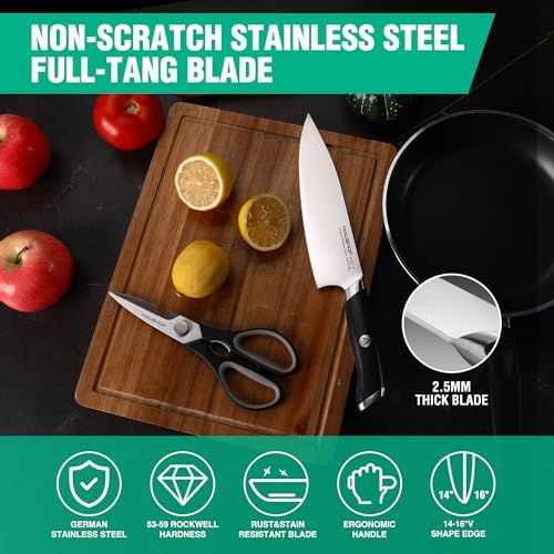 HAUSHOF 15-Piece Kitchen Knife Set with Block, 6 Knives & 6 Steak Knives